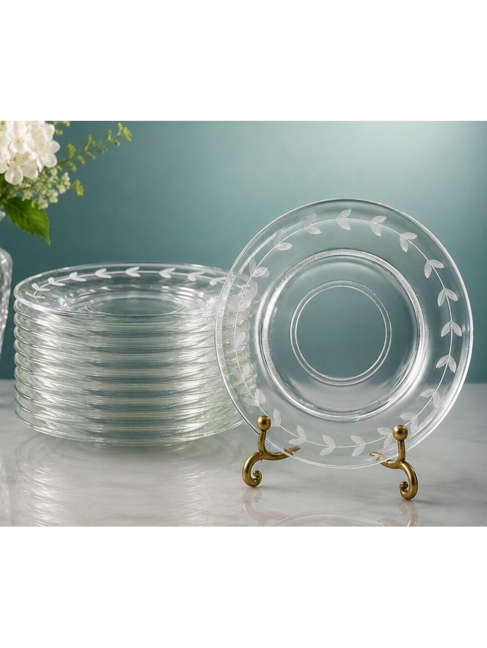 Anchor Hocking 1950s Set Of 11 Dessert Underplates Laurel Etched Glass, 6.75"